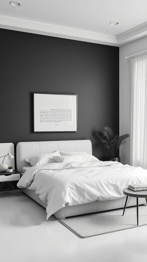 Minimalist black and white bedroom with a black wall, white bedding, and simple accessories