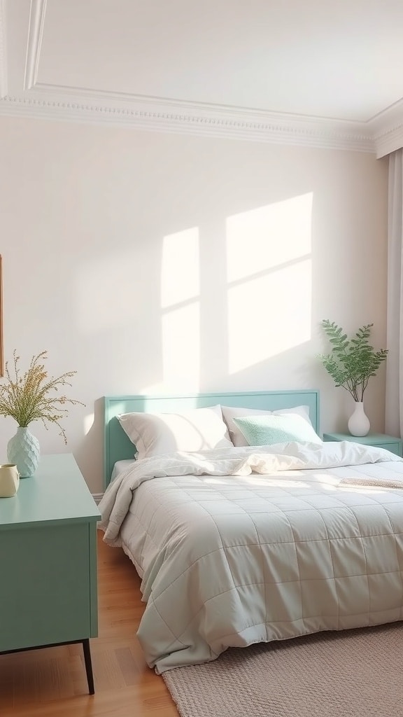 A serene bedroom featuring teal furniture and soft pastel bedding, illuminated by natural light.
