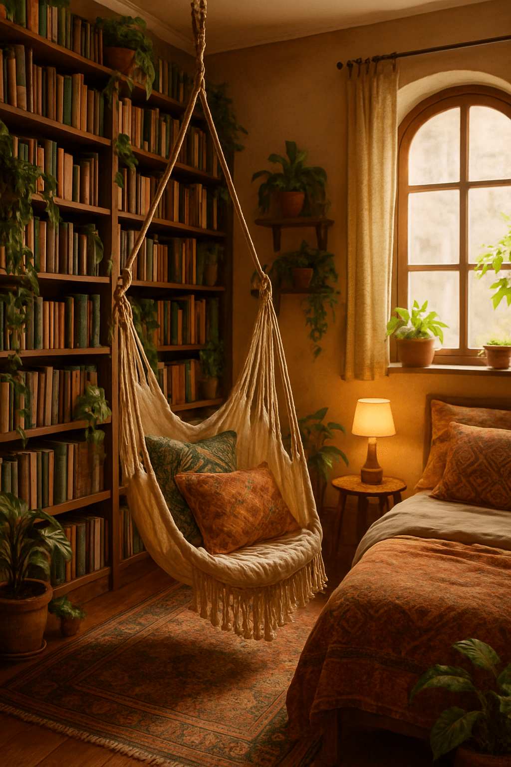 Cozy reading corner with a hanging chair, bookshelves, and plants