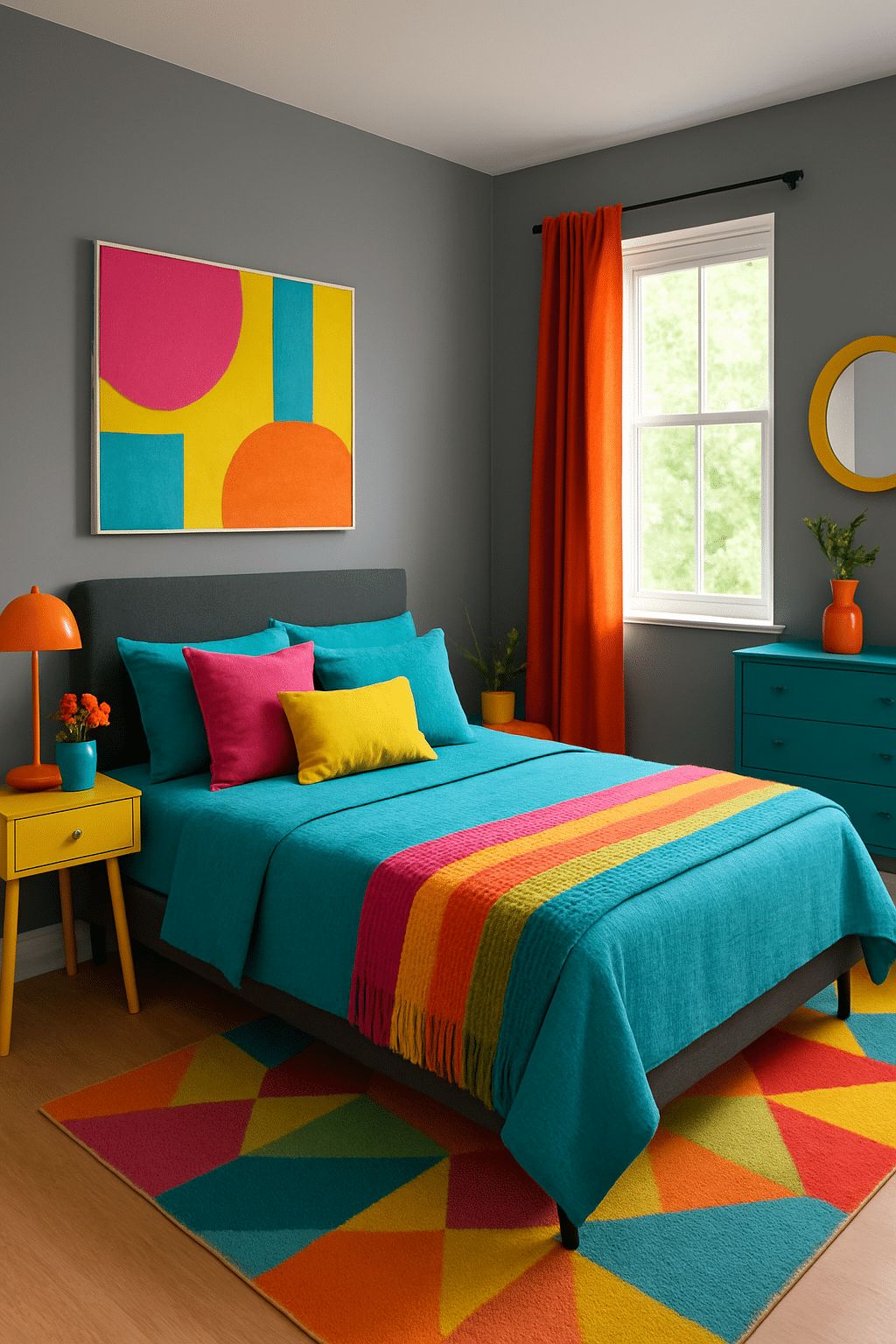 A modern bedroom featuring gray walls with bright turquoise bedding, colorful pillows, and vibrant decor.