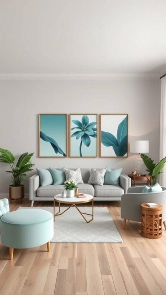 A mint-themed living room with artwork featuring leaves and flowers.