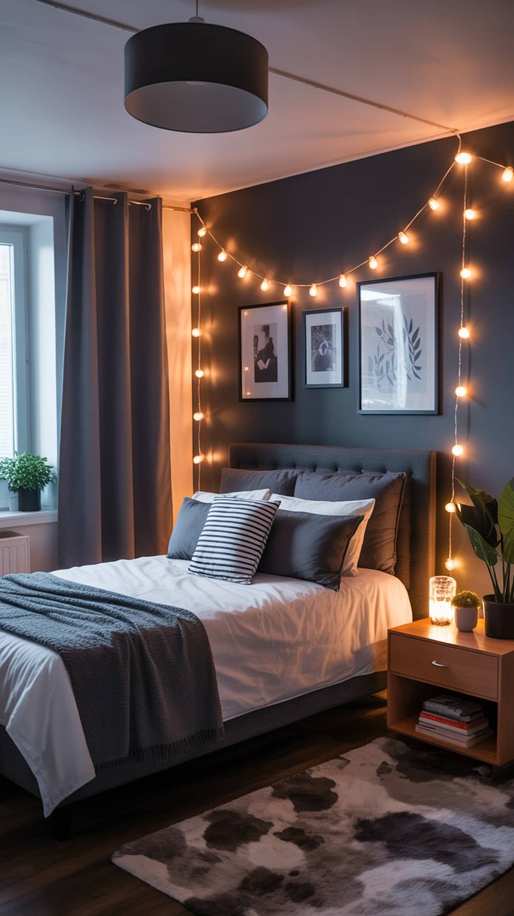 A cozy dorm room with a gray bedspread, striped pillows, and warm string lights on the wall.