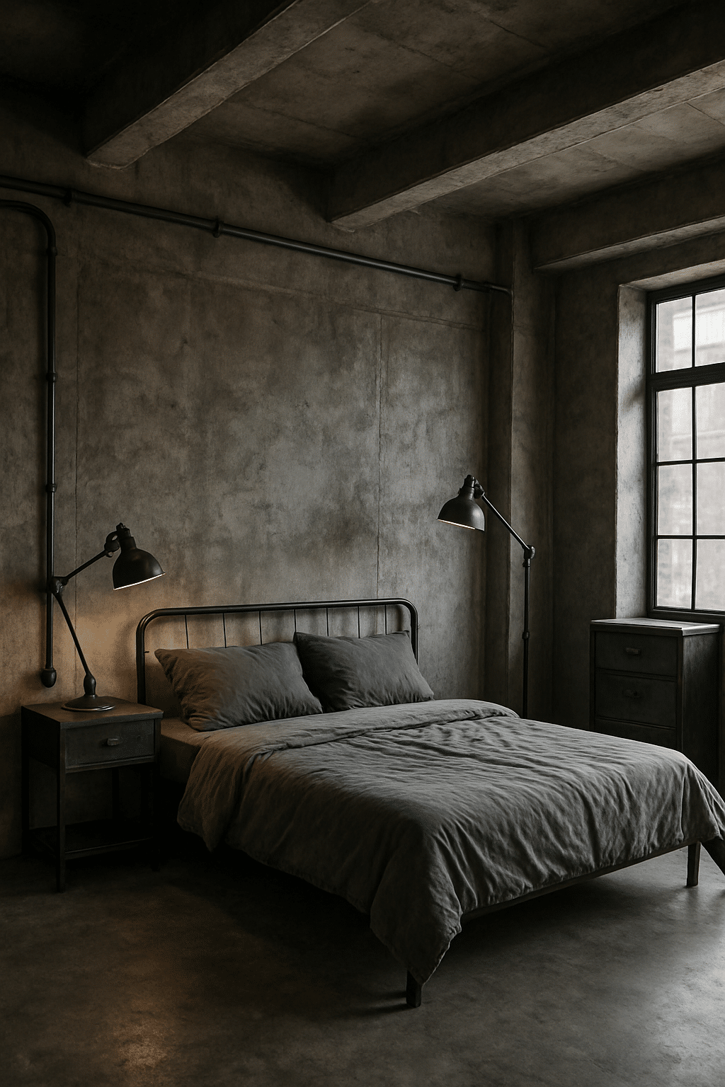 Industrial gray bedroom with concrete walls and metal furnishings