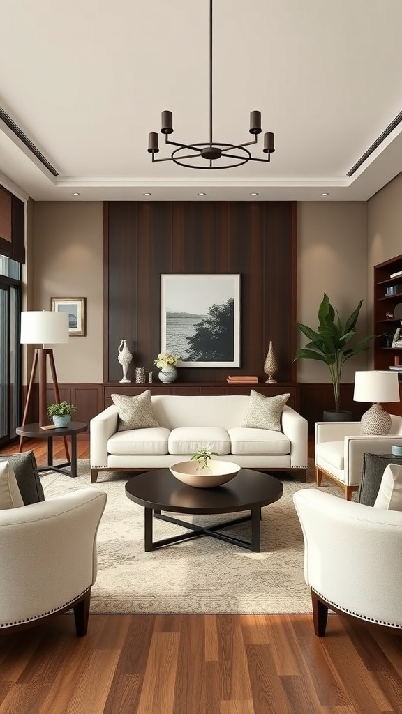 A stylish living room featuring cream furniture and dark wood elements, showcasing a modern design with a cozy atmosphere.