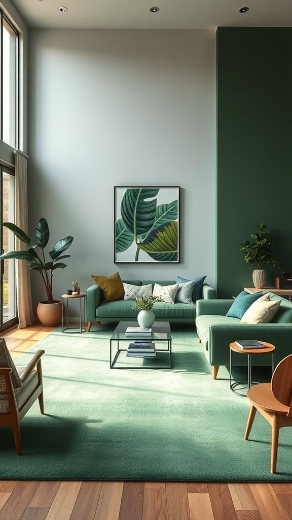 A modern living room featuring various shades of green furniture, a green rug, and plants, creating a fresh and inviting atmosphere.