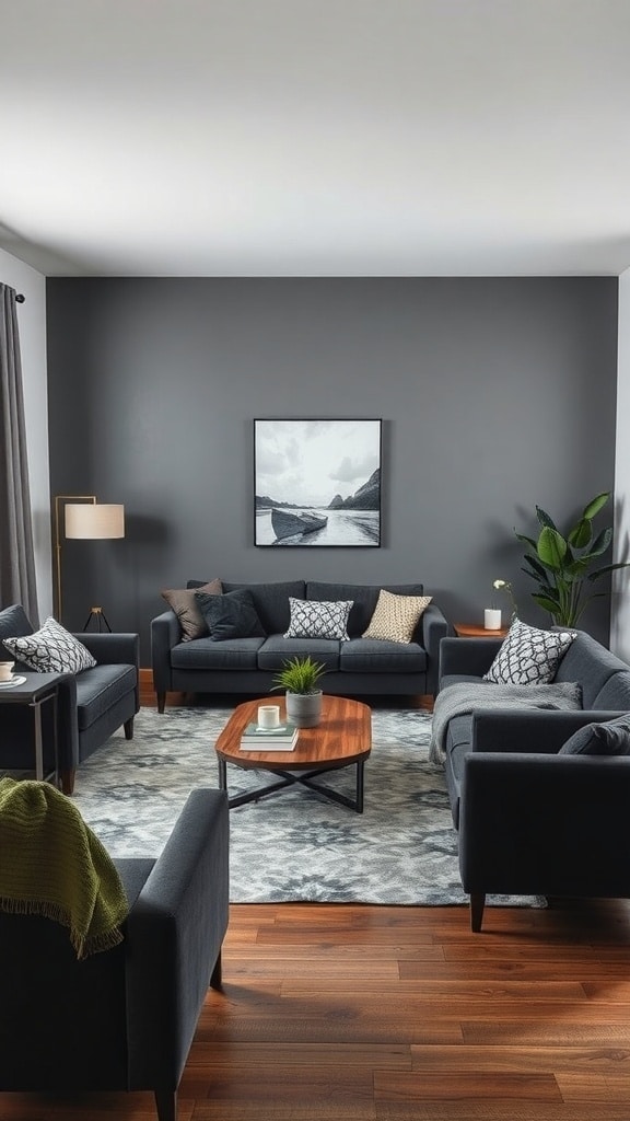 A stylish charcoal gray living room with two sofas facing each other, a wooden coffee table in the center, and decorative cushions.