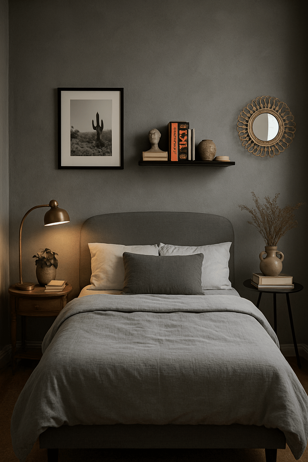 A cozy gray bedroom with colorful pillows, framed artwork, and wooden shelves.
