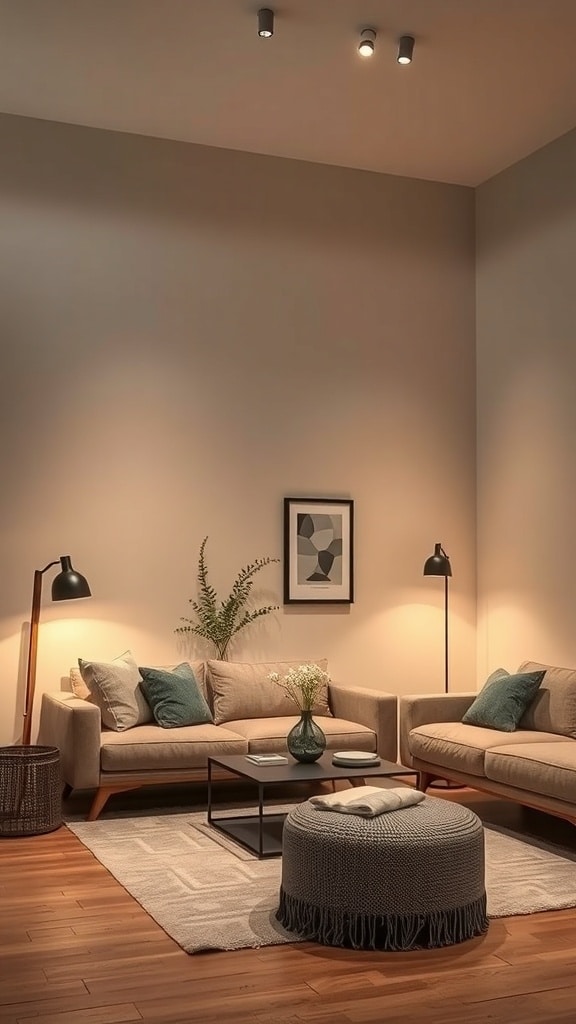 A soft-lit greige living room featuring beige sofas, a coffee table, and decorative elements.