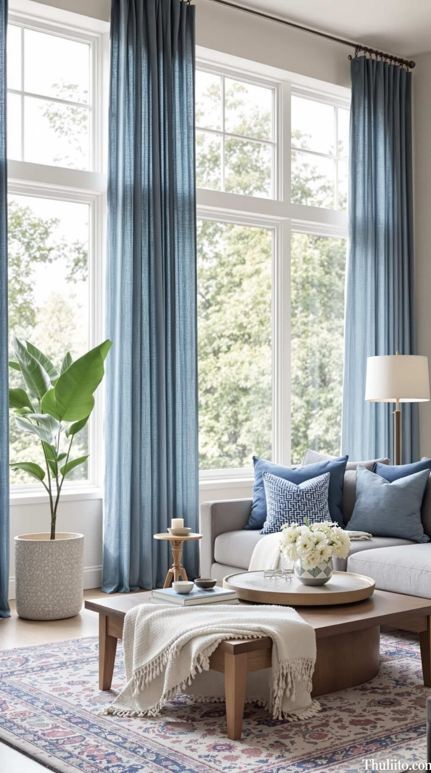 A modern living room featuring indigo drapes, large windows, and a cozy seating area.