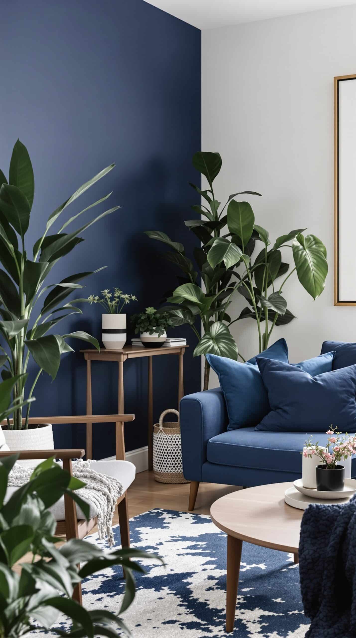 A serene living room featuring indigo walls, wooden furniture, and green plants.