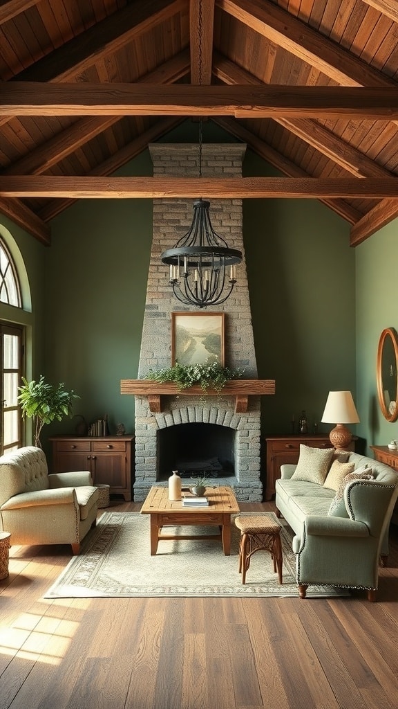 A rustic farmhouse living room featuring olive green walls, a stone fireplace, wooden beams, and cozy furniture.