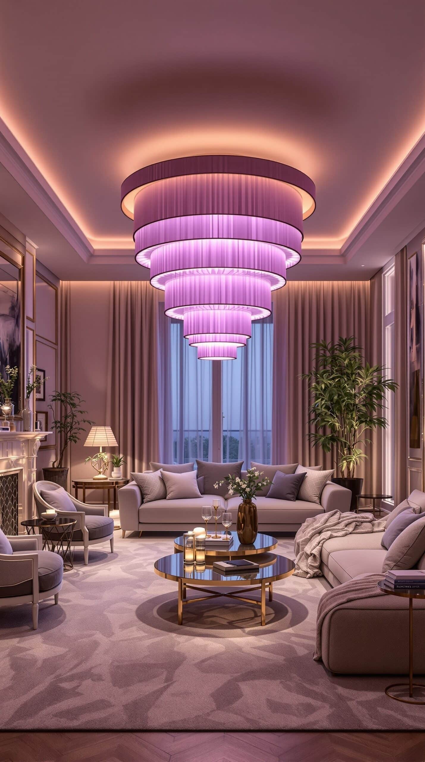 A luxurious lavender living room featuring layered lighting with chandeliers and wall sconces.