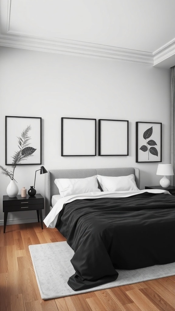 A minimalist black and white bedroom featuring three black-framed artworks above a bed with a black blanket.