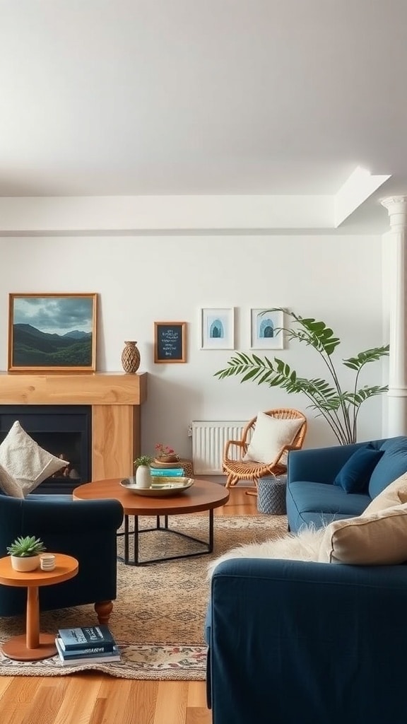 A cozy living room featuring navy blue sofas, a round coffee table, and layered textures with wooden elements and plants.