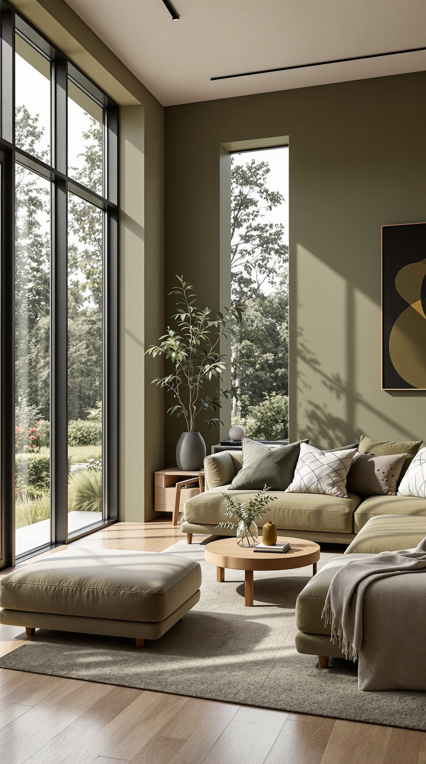 A sleek modern living room with olive green walls, light wood flooring, and minimalist furniture.