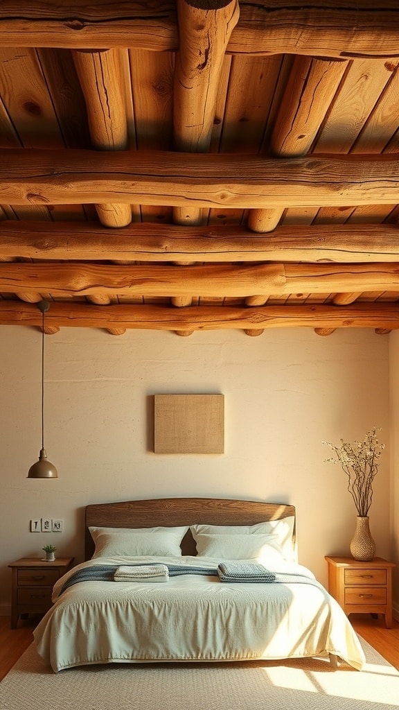 A cozy bedroom featuring natural wood beams on the ceiling, with a wooden bed frame and soft bedding.