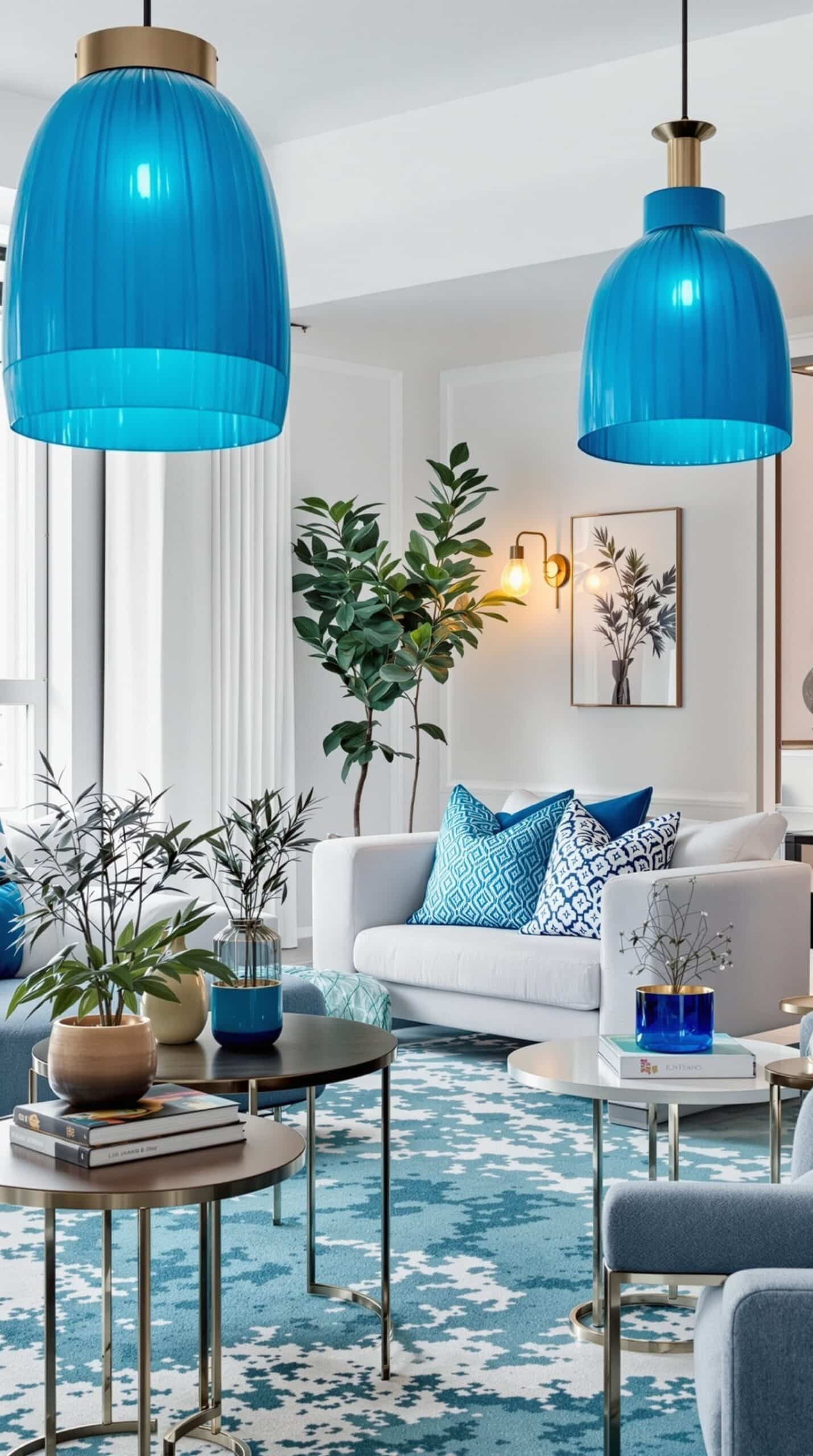 A stylish living room featuring peacock blue statement lighting fixtures, a grey sofa, and large windows.