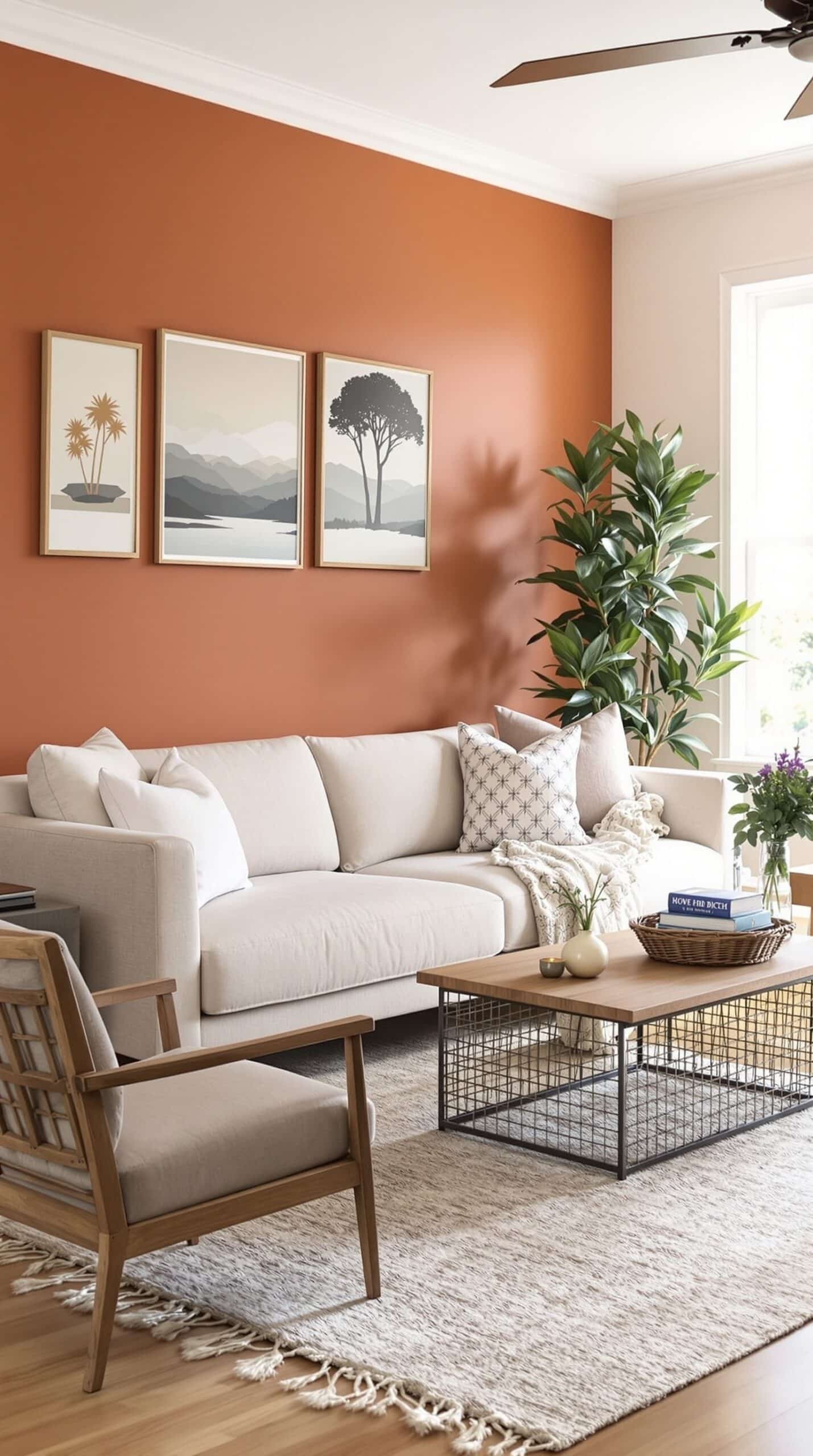 A living room featuring a rust orange accent wall, a neutral sofa, and green plants, with sunlight casting shadows.