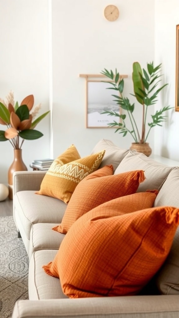 A cozy living room with textured rust orange throw pillows on a light-colored sofa.
