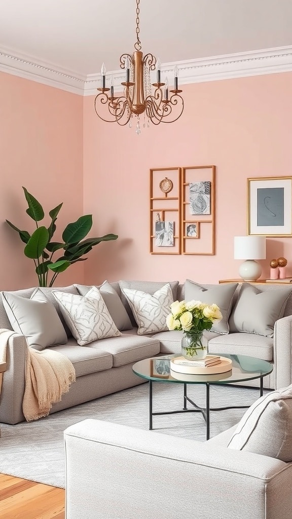 A cozy living room featuring a blush pink wall, grey sofa, and decorative pillows, with a round coffee table and a plant.
