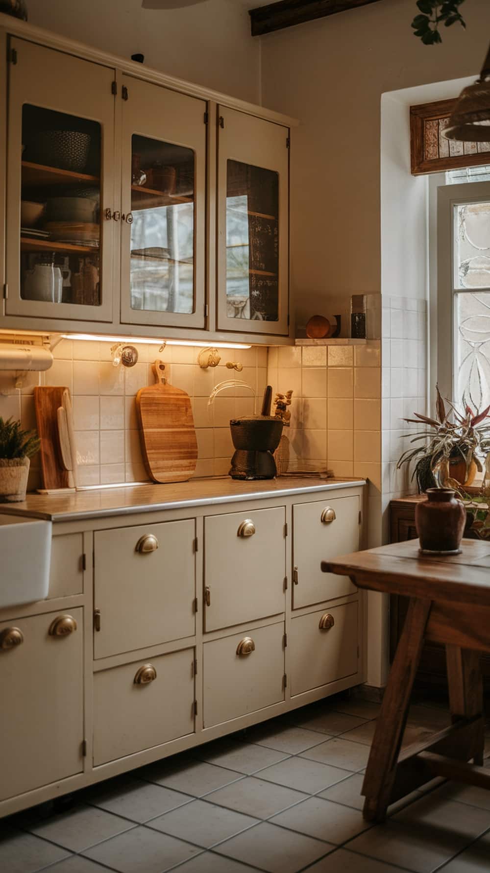 Vintage kitchen with beige cabinets and brass hardware, featuring wooden countertops and natural light.