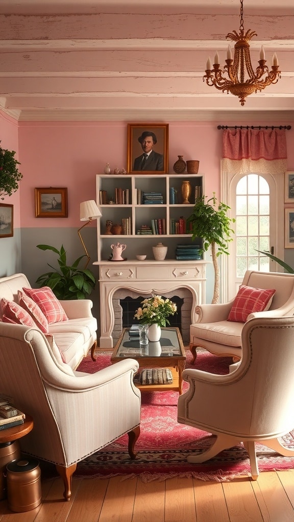 A cozy living room featuring vintage blush pink furniture, including two sofas and a round coffee table, with natural light streaming in.
