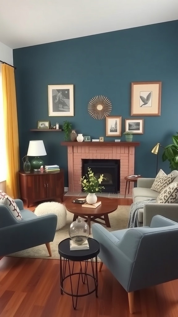 A living room featuring a slate blue accent wall, wooden furniture, and light-colored decor.