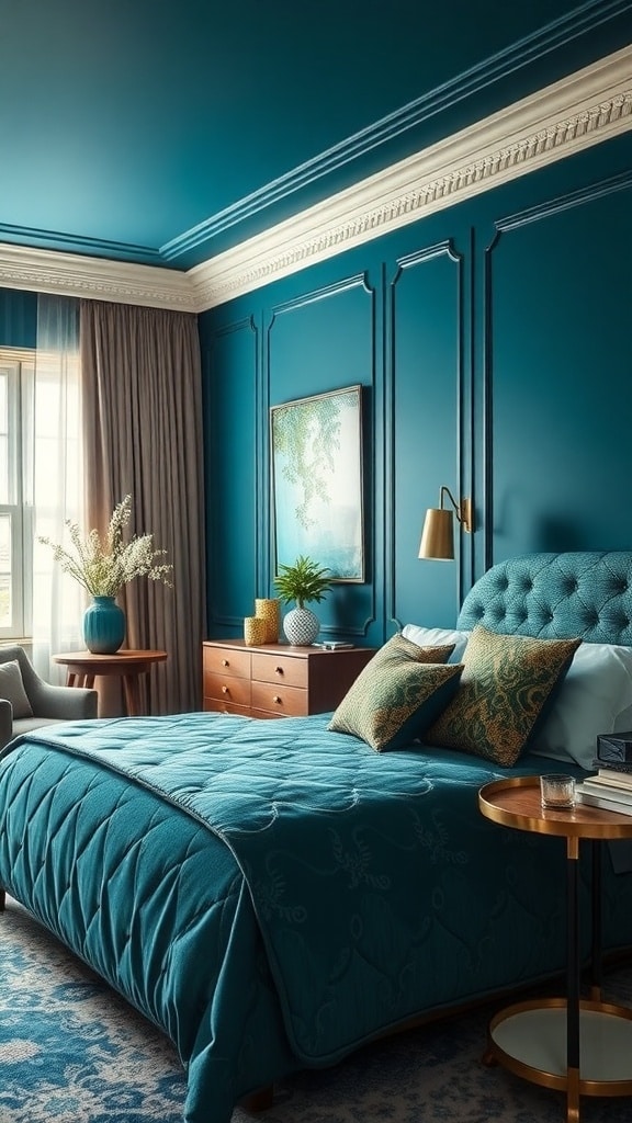 A luxurious bedroom featuring deep teal walls and ceiling, a quilted bedspread, and elegant decor.