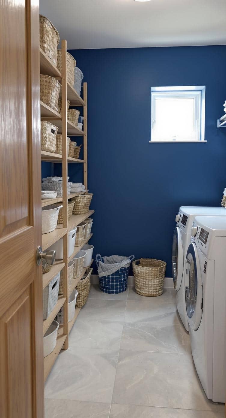 A laundry room with indigo walls and wooden shelves filled with storage baskets.