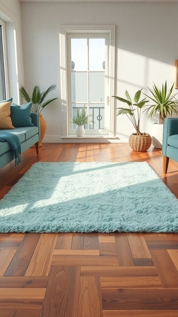 A cozy living room featuring a mint green area rug on wooden flooring, with soft blue furniture and plants.