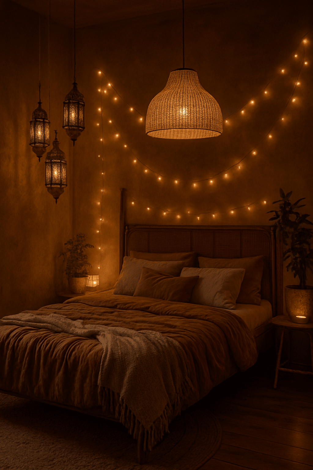 A cozy black boho bedroom with warm lighting from unique fixtures, including woven pendant lamps and ornate lanterns, creating an inviting atmosphere.