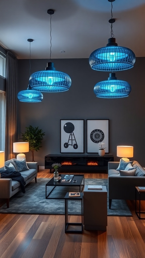 Living room featuring navy blue pendant lighting fixtures, navy walls, and modern furniture.