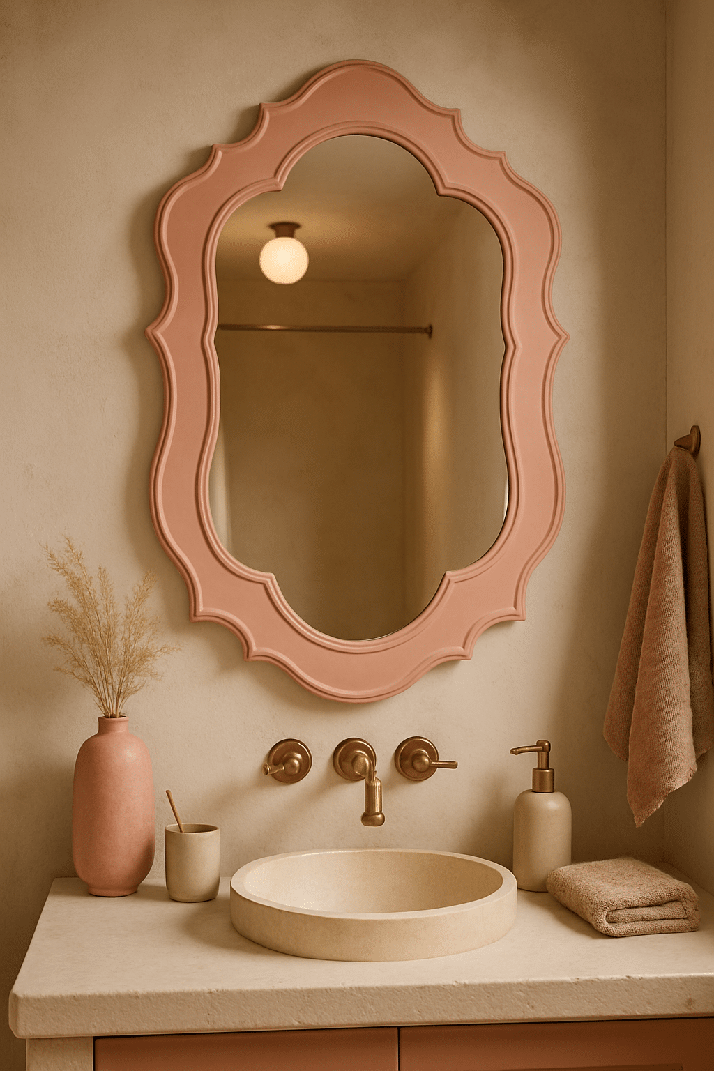 A blush pink decorative mirror in a cozy bathroom setting