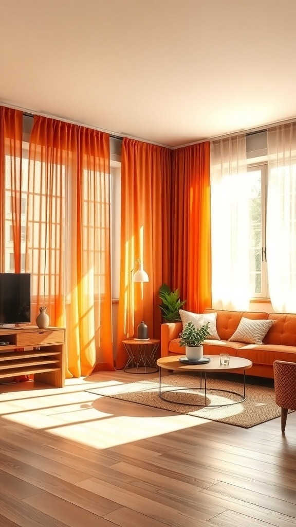 A bright living room featuring rust orange curtains, a cozy orange sofa, and natural light streaming in from large windows.