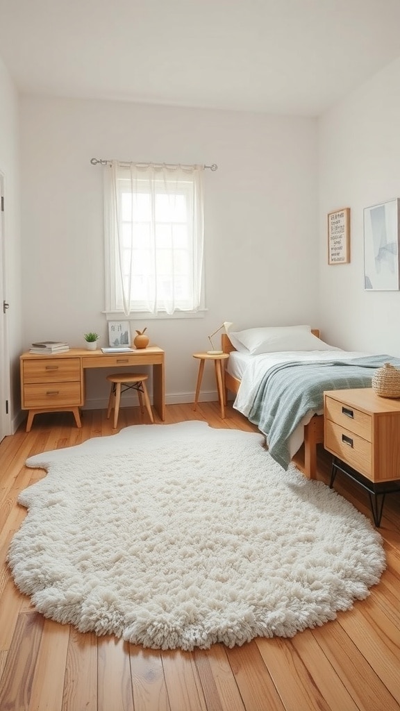 A cozy bedroom featuring a soft white area rug on wooden flooring, with a bed, nightstand, and natural light from a window.