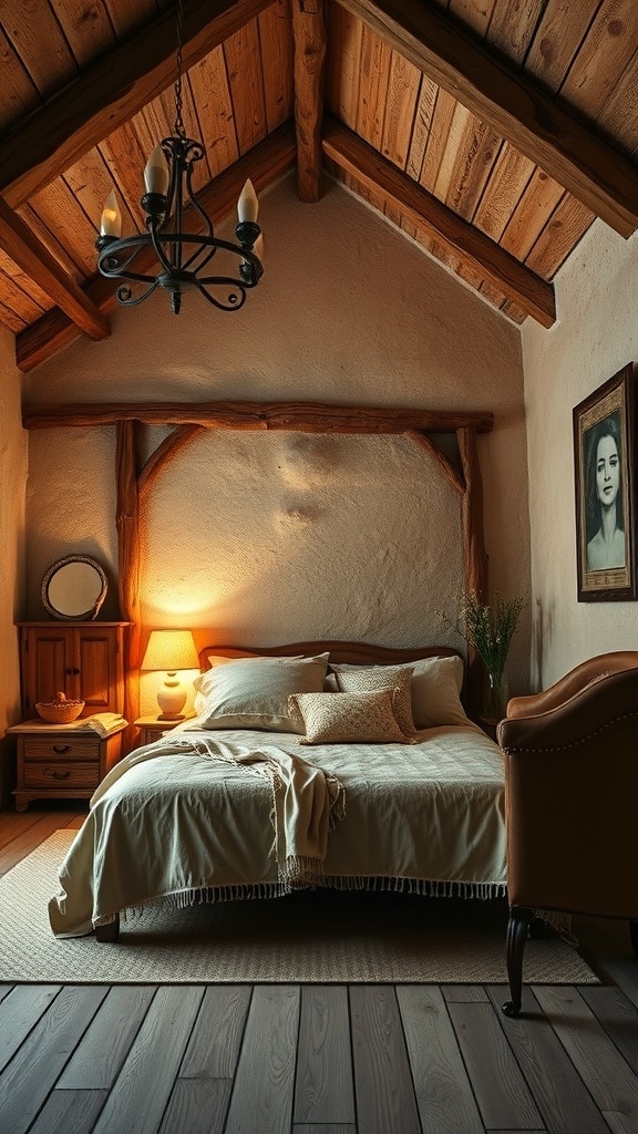 A cozy rustic beige bedroom featuring wooden beams, a chandelier, and layered bedding.