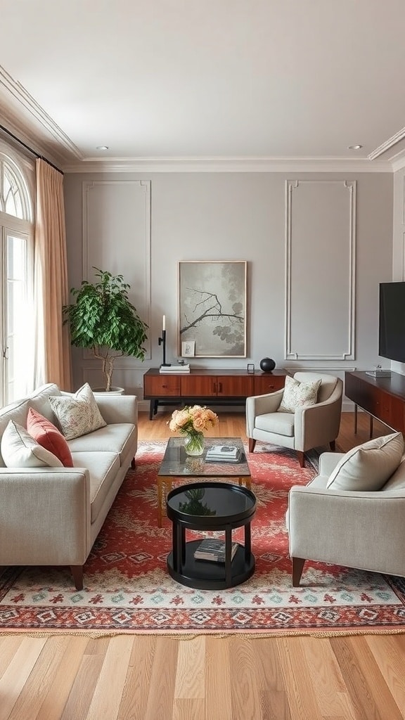 A stylish greige living room featuring mixed patterns in the rug and throw pillows, creating a cozy atmosphere.