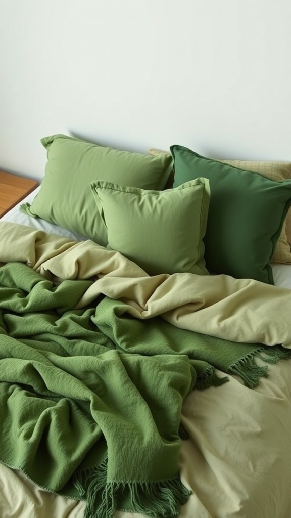 A cozy bed with layered green textiles, featuring various shades of green pillows and a blanket.