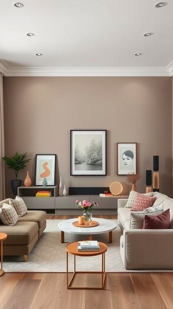 A modern living room featuring a taupe accent wall, stylish furniture, and decorative art.