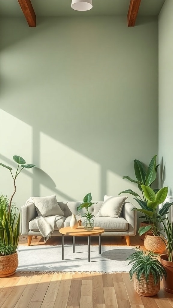 A serene living room with sage green walls, a light gray sofa, wooden coffee table, and various potted plants.