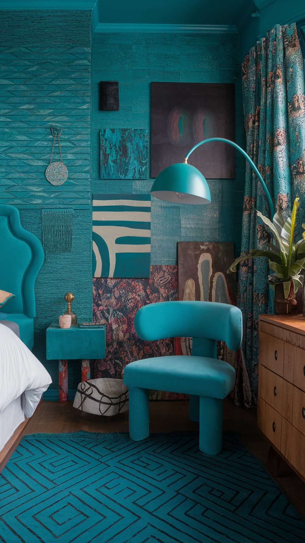 A cozy teal bedroom featuring vibrant walls, eclectic decor, and a mix of textures.