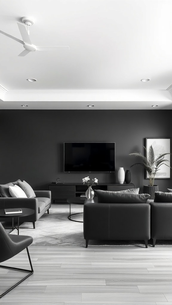 A monochromatic charcoal gray living room featuring dark walls, gray furniture, and a minimalist design.