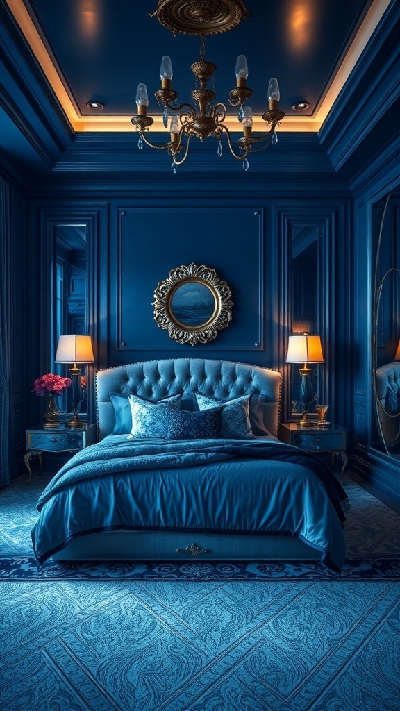 Luxurious midnight blue bedroom with tufted headboard, chandelier, and elegant decor.