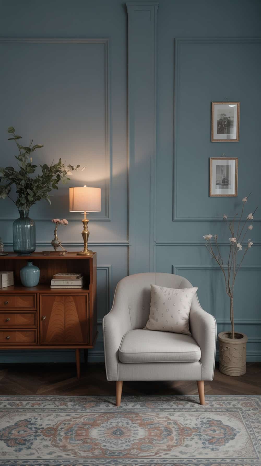 Cozy interior featuring dusty blue walls, a light armchair, wooden furniture, and decorative elements.