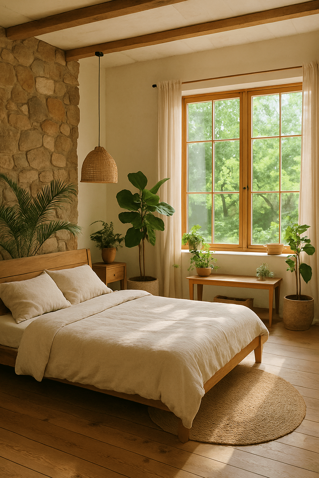 A cozy boho bedroom featuring a stone wall, wooden beams, and plenty of plants.