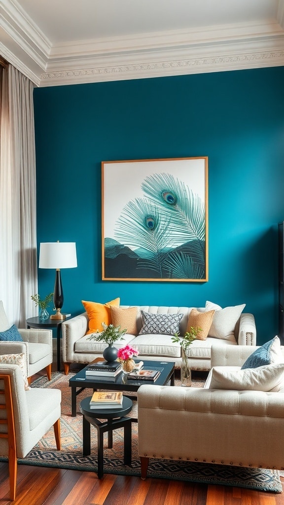 Living room with peacock blue accent wall, featuring peacock feather art and neutral furniture.