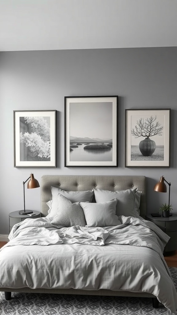 A gray bedroom featuring three pieces of gray artwork on the wall above a neatly made bed with gray bedding.