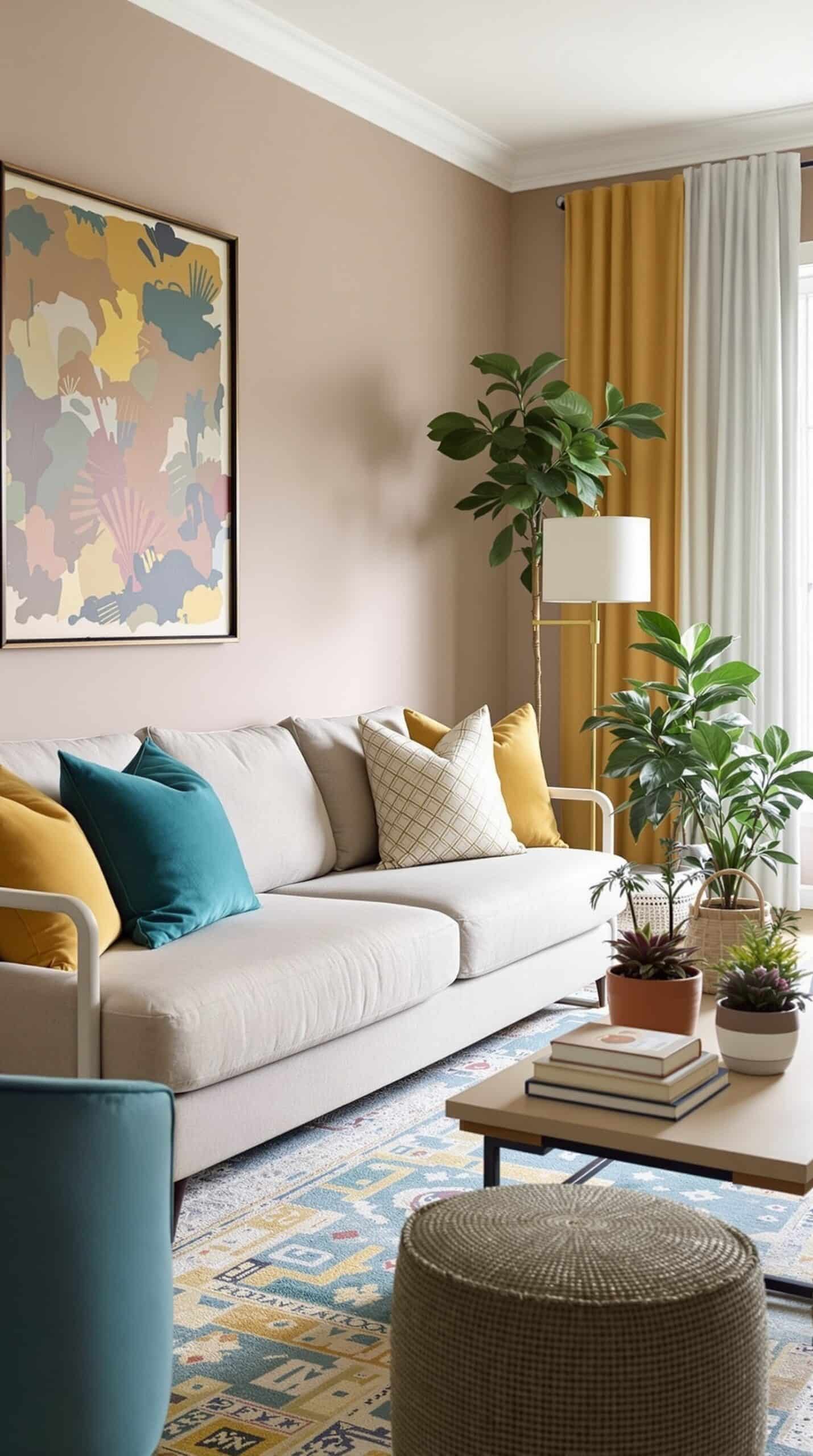 A modern living room featuring taupe walls, a taupe sofa with colorful cushions, teal chairs, and orange accents.