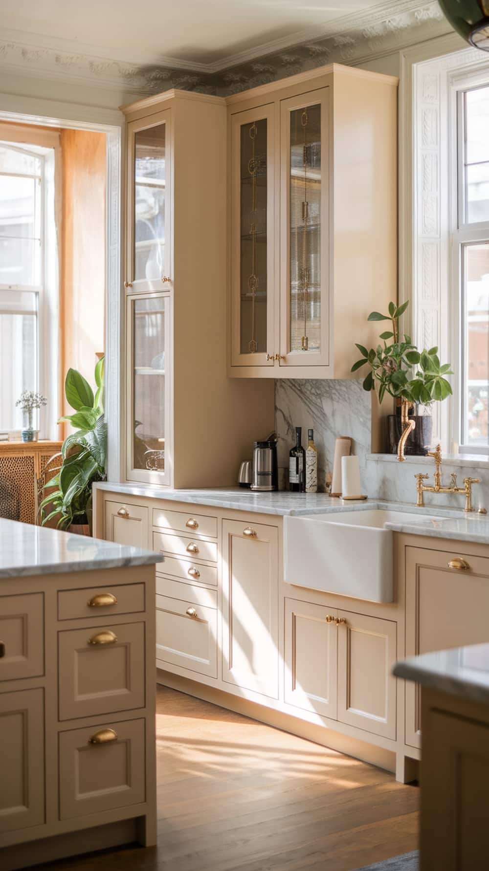 A kitchen featuring accessible beige cabinets with gold handles, showcasing a modern and elegant design.
