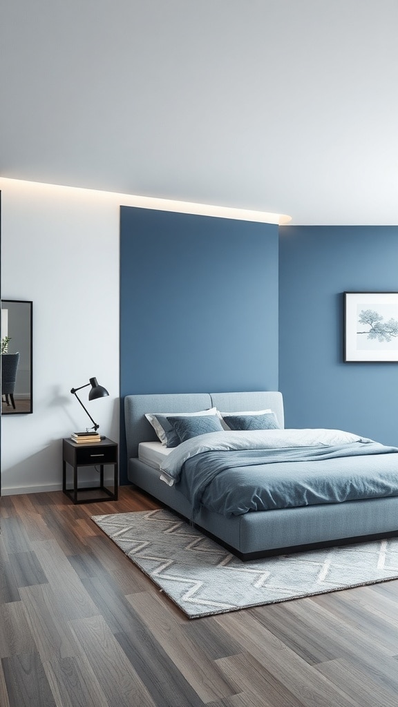 A modern bedroom featuring blue and gray colors, with a neatly made bed, a geometric rug, and a stylish lamp on a nightstand.
